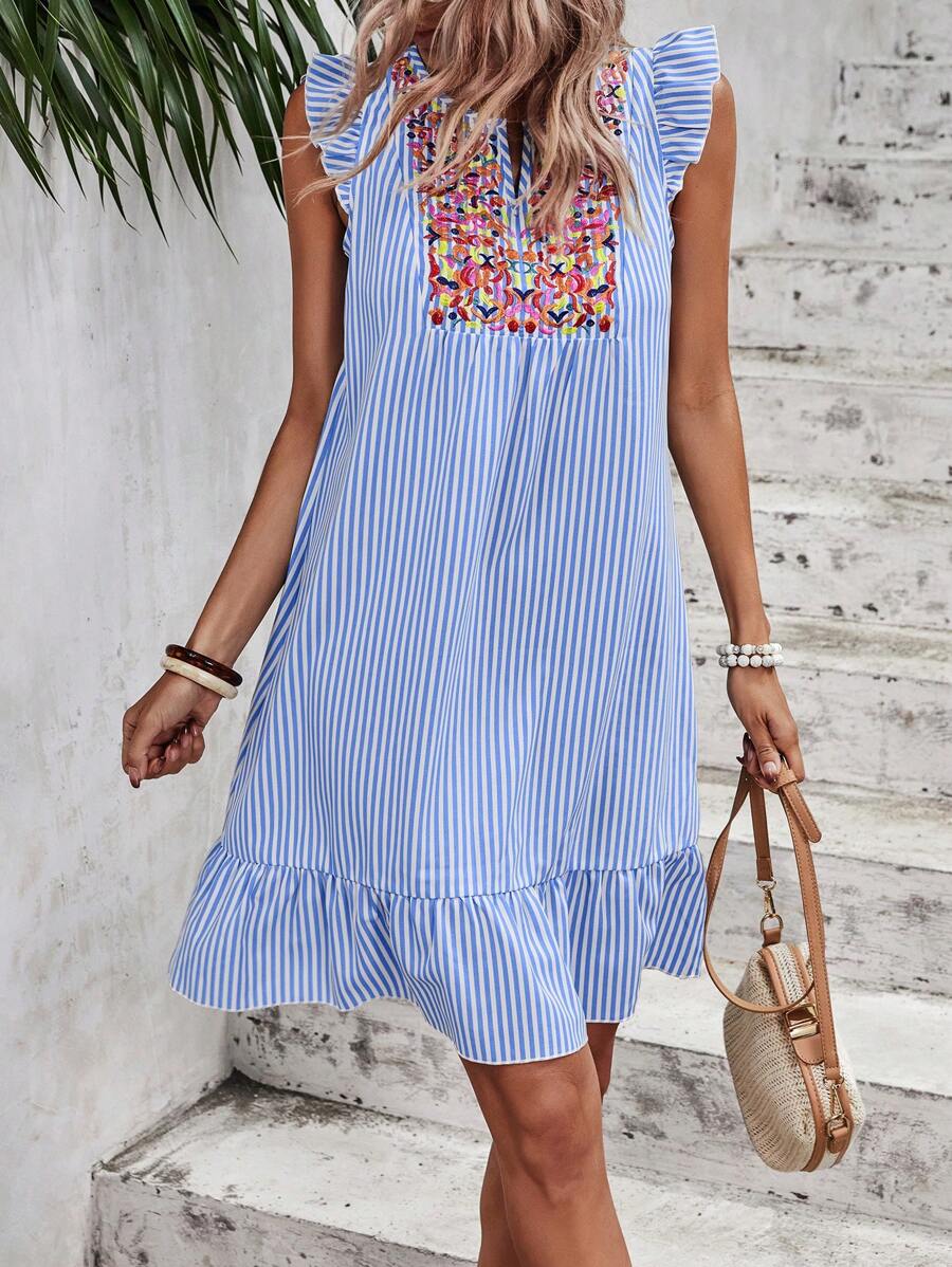 SHEIN VCAY Striped Print Embroidery Detail Ruffle Hem Smock Dress - Blue and White - View 1