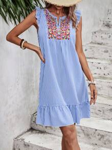 SHEIN VCAY Striped Print Embroidery Detail Ruffle Hem Smock Dress - Blue and White - View 3