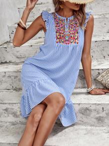 SHEIN VCAY Striped Print Embroidery Detail Ruffle Hem Smock Dress - Blue and White - View 4