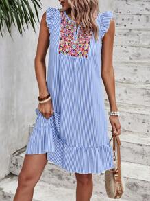 SHEIN VCAY Striped Print Embroidery Detail Ruffle Hem Smock Dress - Blue and White - View 5