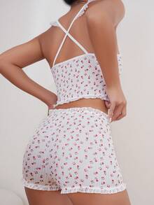 Conjunto de pijama shorts con top de tirantes con estampado floral ribete con fruncido - Blanco - Ver 2