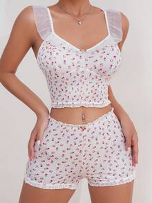 Conjunto de pijama shorts con top de tirantes con estampado floral ribete con fruncido - Blanco - Ver 5