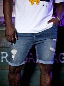 GENTILAND Men Plus Cotton Ripped Frayed Bleach Wash Denim Shorts - Light Wash - View 3