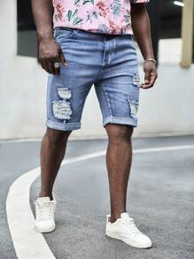 GENTILAND Hombres Shorts mezclilla bermuda algodón desgarro crudo - Lavado ligero - Ver 1