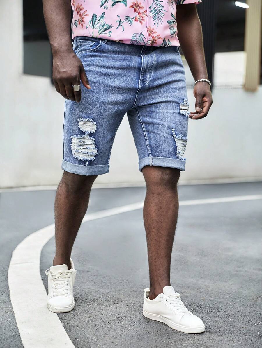 GENTILAND Hombres Shorts mezclilla bermuda algodón desgarro crudo - Lavado ligero - Ver 1