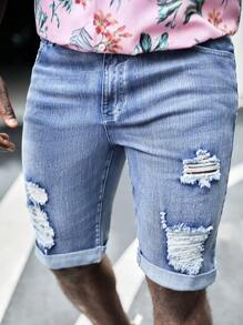 GENTILAND Hombres Shorts mezclilla bermuda algodón desgarro crudo - Lavado ligero - Ver 5