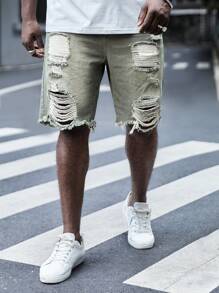 Manfinity RebelGame Hombres Shorts mezclilla bermuda algodón desgarro crudo bajo crudo - Verde militar - Ver 1