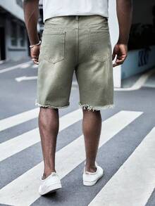 Manfinity RebelGame Hombres Shorts mezclilla bermuda algodón desgarro crudo bajo crudo - Verde militar - Ver 2