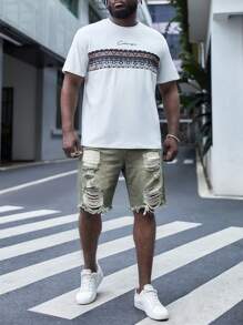 Manfinity RebelGame Hombres Shorts mezclilla bermuda algodón desgarro crudo bajo crudo - Verde militar - Ver 3