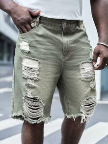 Manfinity RebelGame Hombres Shorts mezclilla bermuda algodón desgarro crudo bajo crudo - Verde militar - Ver 4