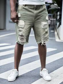 Manfinity RebelGame Hombres Shorts mezclilla bermuda algodón desgarro crudo bajo crudo - Verde militar - Ver 6