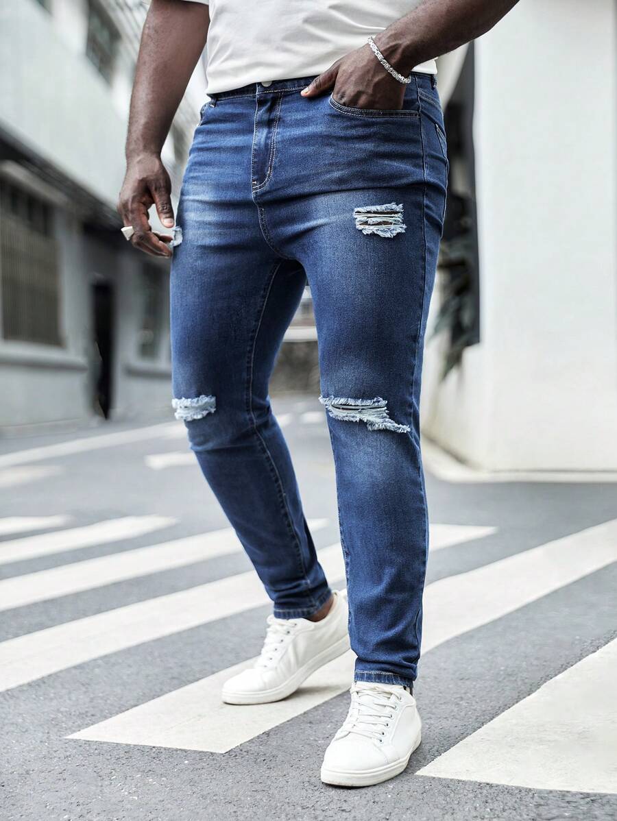Manfinity LEGND 男士棉破洞緊身牛仔褲 - 深色水洗藍 - 查看 1