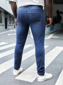 Manfinity LEGND 男士棉破洞緊身牛仔褲 - 深色水洗藍 - 查看 2