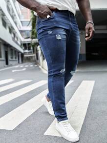 Manfinity LEGND 男士棉破洞緊身牛仔褲 - 深色水洗藍 - 查看 3