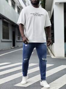 Manfinity LEGND 男士棉破洞緊身牛仔褲 - 深色水洗藍 - 查看 5