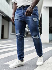 Manfinity LEGND 男士棉破洞緊身牛仔褲 - 深色水洗藍 - 查看 6