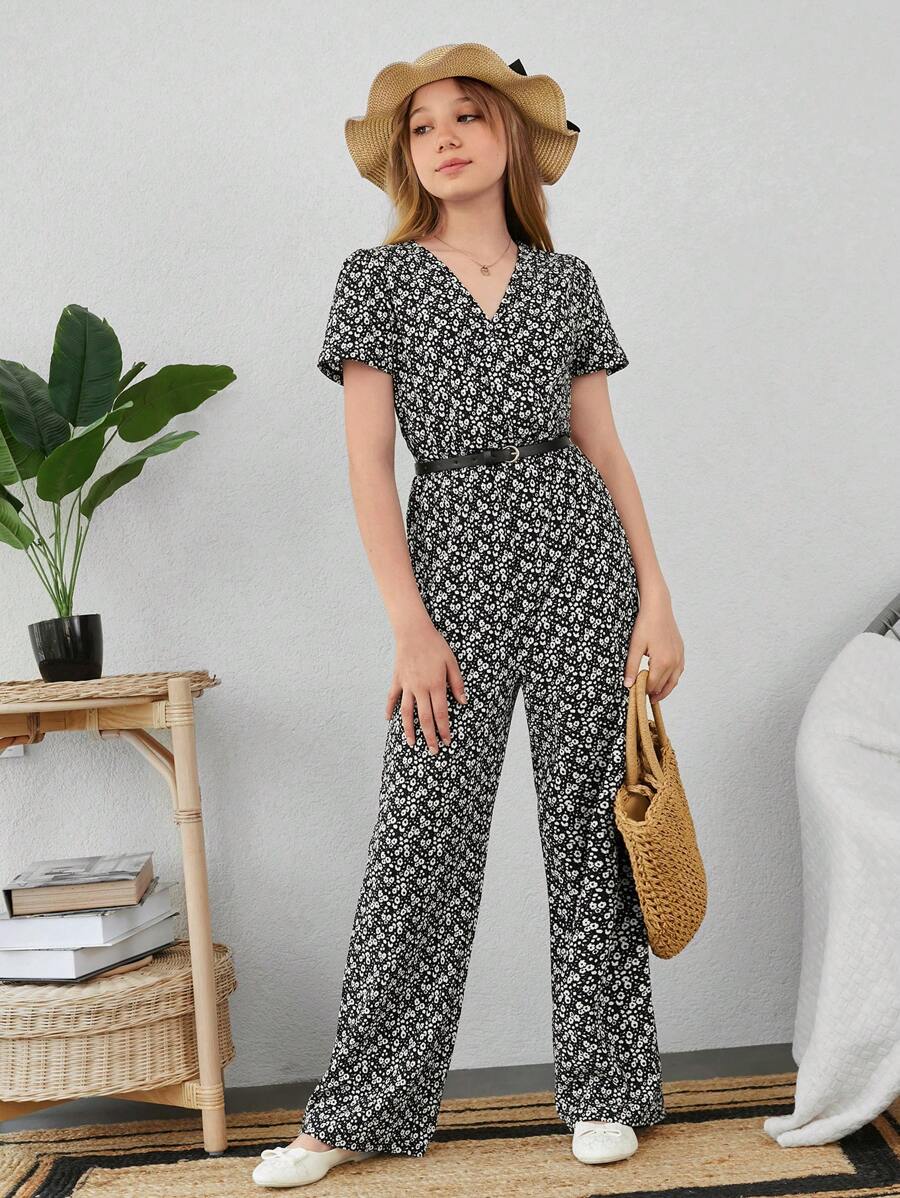 RueChic Teen Girls Ditsy Floral Print Jumpsuit Without Belt