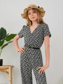 RueChic Teen Girls Ditsy Floral Print Jumpsuit Without Belt