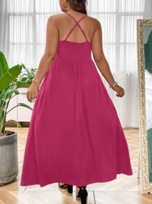 SHEIN LUNE Đầm Plus Size Lộ Lưng Hội Chữ thập màu trơn Giải trí - Màu Hồng Tươi - Xem 2