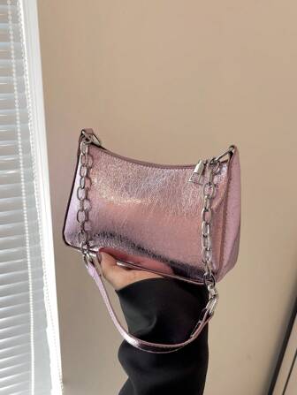 Mini Hobo Bag Funky Metallic Chain Zipper PU