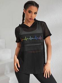 Gameset SHEIN Sport Graphic Print Hooded Mesh Sports Sweatshirt Without Bra undershirt - Black - View 3