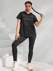 Gameset SHEIN Sport Graphic Print Hooded Mesh Sports Sweatshirt Without Bra undershirt - Black - View 5