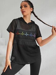 Gameset SHEIN Sport Graphic Print Hooded Mesh Sports Sweatshirt Without Bra undershirt - Black - View 1