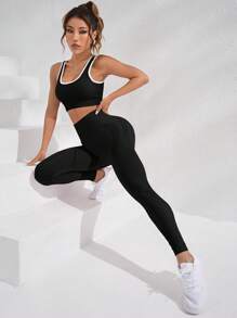 Yoga Trendy Contrast Binding Cut Out Back Sports Set - Black - View 5