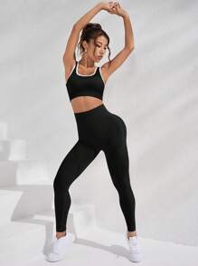 Yoga Trendy Contrast Binding Cut Out Back Sports Set - Black - View 6