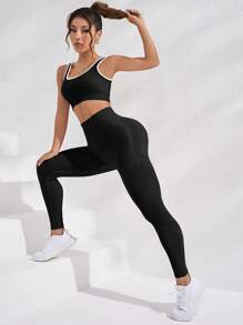 Yoga Trendy Contrast Binding Cut Out Back Sports Set - Black - View 7