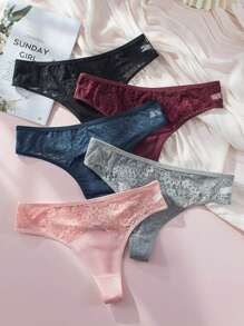 大碼5入組蕾絲拼接內褲 - 彩色 - 查看 1