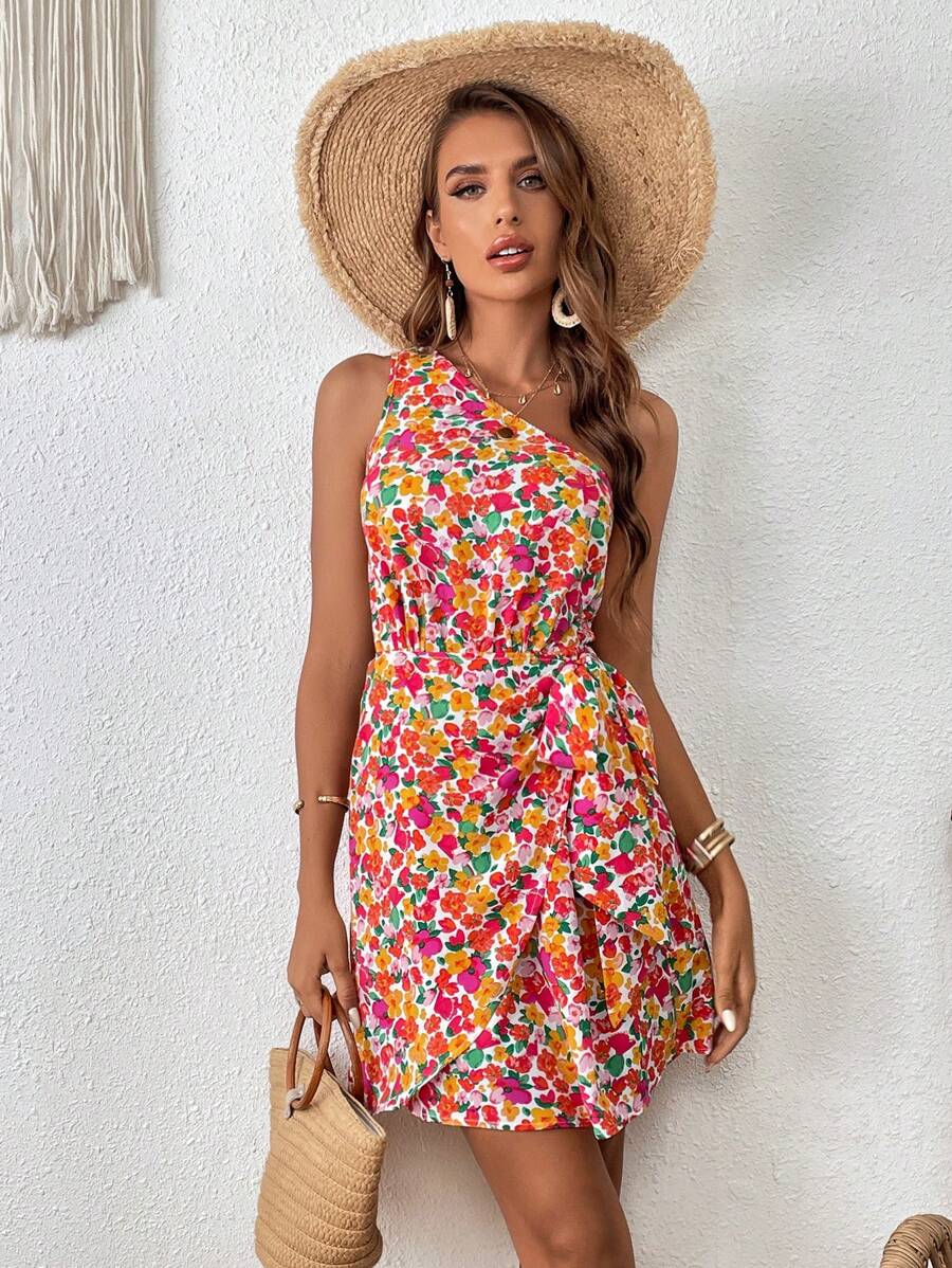 SHEIN VCAY Allover Floral Print One Shoulder Knot Side Wrap Hem Dress - Multicolor - View 1