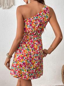 SHEIN VCAY Allover Floral Print One Shoulder Knot Side Wrap Hem Dress - Multicolor - View 2