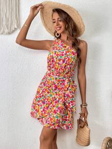 SHEIN VCAY Allover Floral Print One Shoulder Knot Side Wrap Hem Dress - Multicolor - View 5
