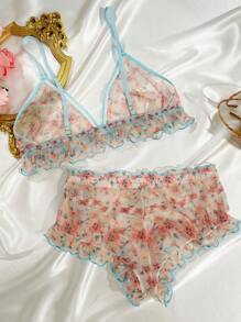 Floral Print Mesh Bra & Boyshorts Lingerie Set - Multicolor - View 2