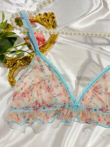 Floral Print Mesh Bra & Boyshorts Lingerie Set - Multicolor - View 3
