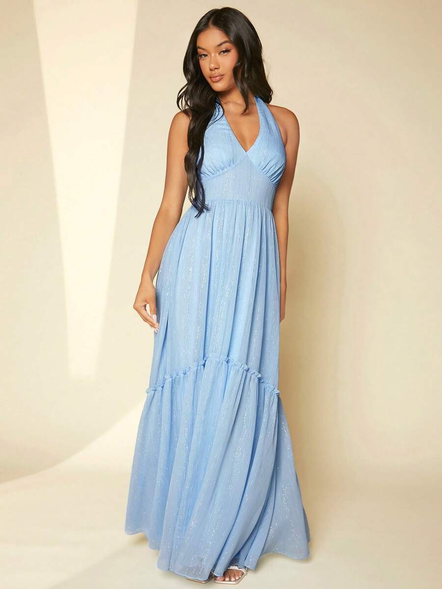SHEIN Belle Váy phù dâu Lộ Lưng viền lá sen Viên lá sen Buộc lại Dây kéo màu trơn - Màu xanh nhạt - Xem 1