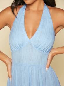 SHEIN Belle Váy phù dâu Lộ Lưng viền lá sen Viên lá sen Buộc lại Dây kéo màu trơn - Màu xanh nhạt - Xem 3