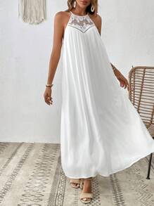 SHEIN VCAY Contrast Lace Halter Neck Dress Without Belt - White - View 4