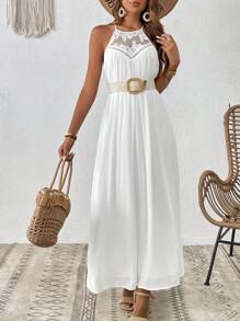 SHEIN VCAY Contrast Lace Halter Neck Dress Without Belt - White - View 5