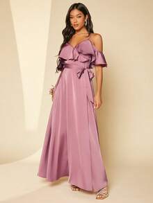 SHEIN Belle Vai lạnh Viền Ruffle Thắt lưng Thêm dài Váy phù dâu - Bụi hồng - Xem 6