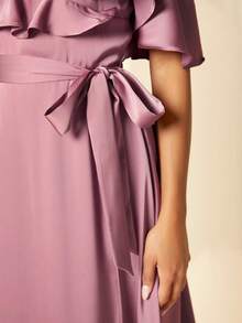 SHEIN Belle Vai lạnh Viền Ruffle Thắt lưng Thêm dài Váy phù dâu - Bụi hồng - Xem 7