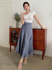 DAZY Chân váy xòe màu trơn dành cho nữ, thích hợp mặc hàng ngày. - Màu xanh bụi bặm - Xem 3