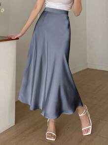 DAZY Chân váy xòe màu trơn dành cho nữ, thích hợp mặc hàng ngày. - Màu xanh bụi bặm - Xem 5