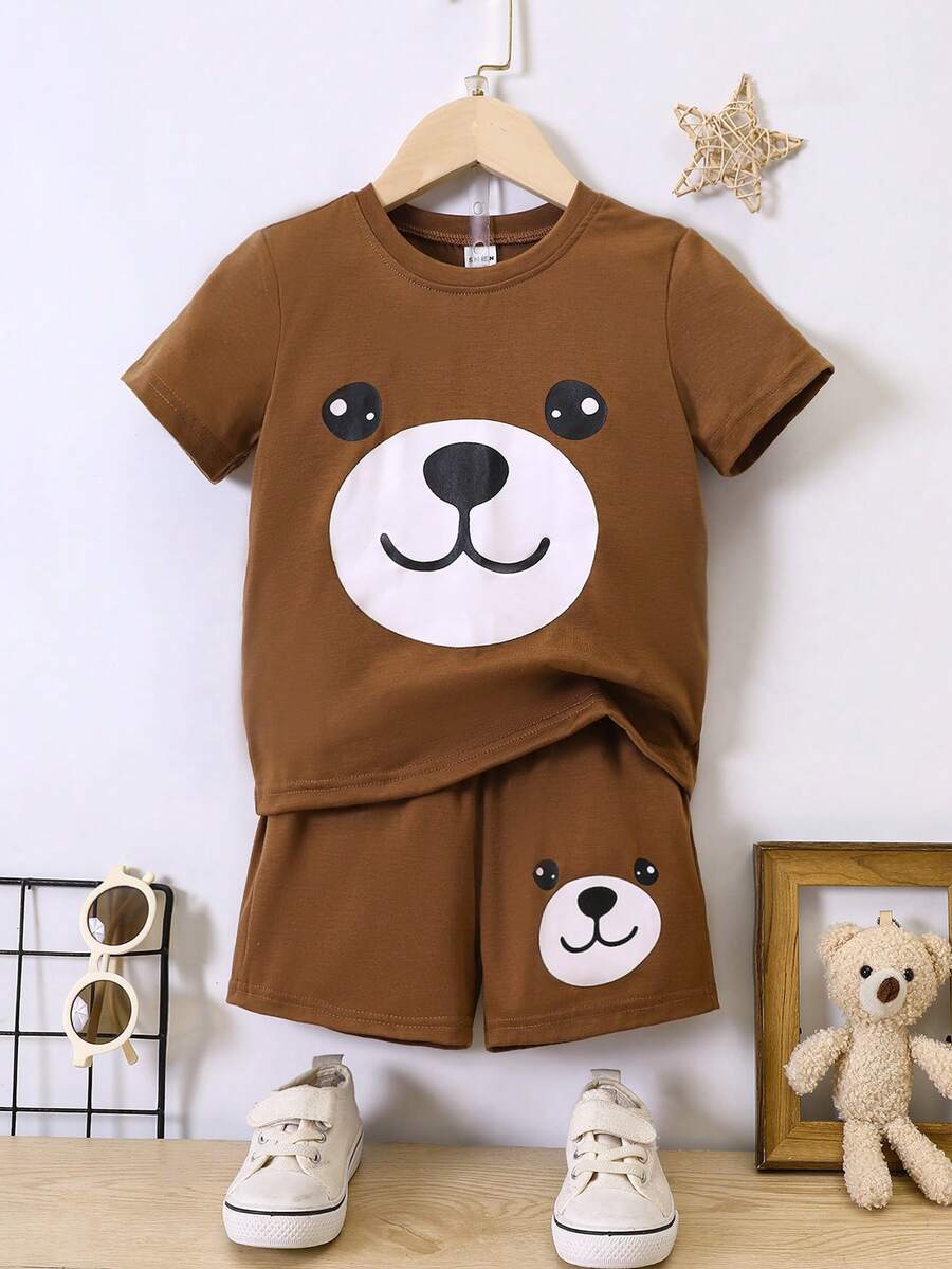 SHEIN Toddler Boys Cartoon Graphic Tee & Shorts Set - Brown - View 1