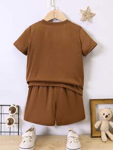 SHEIN Toddler Boys Cartoon Graphic Tee & Shorts Set - Brown - View 2