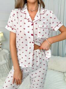 Bộ đồ ngủ Nữ Túi Tương phản ràng buộc Nút phía trước Hoa Giản dị-Bình thường - trắng - Xem 6