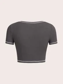SHEIN ICON 頂針短款T恤 - 深灰色 - 查看 2