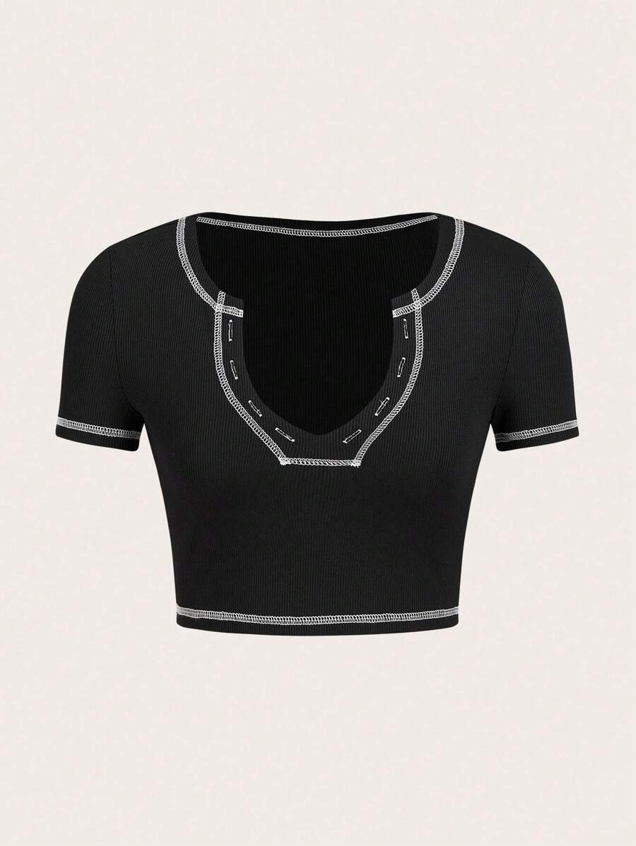 SHEIN ICON Đen Khâu trên cùng Áo phông Crop - màu đen - Xem 1
