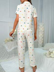Heart Print Contrast Piping PJ Set / Pajama Set - Beige - View 2